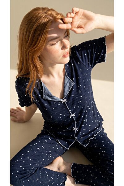 Arzey Navy Blue Floral Patterned Viscose Pajama Set with Bow Detail