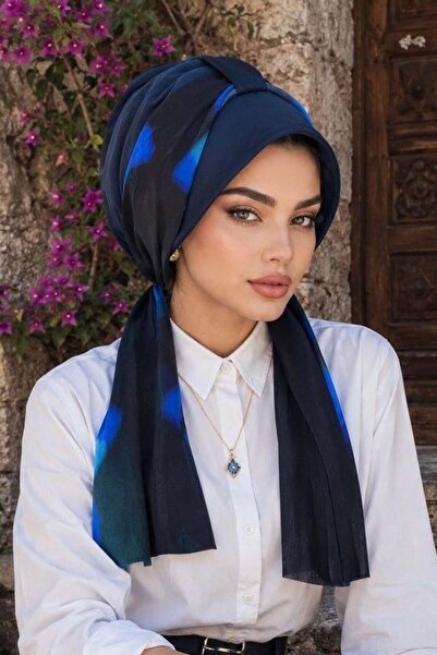 Aişe tesettür Lacivert Saks Mavi Batik Fularlı Şapka Bone