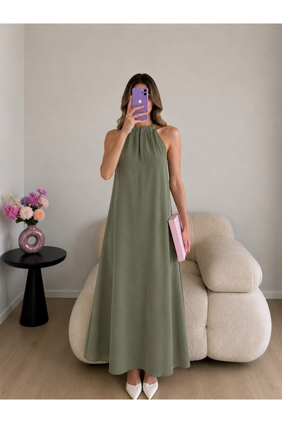 Ekim Store Gold Zincir Halter Yaka Maxi Elbise