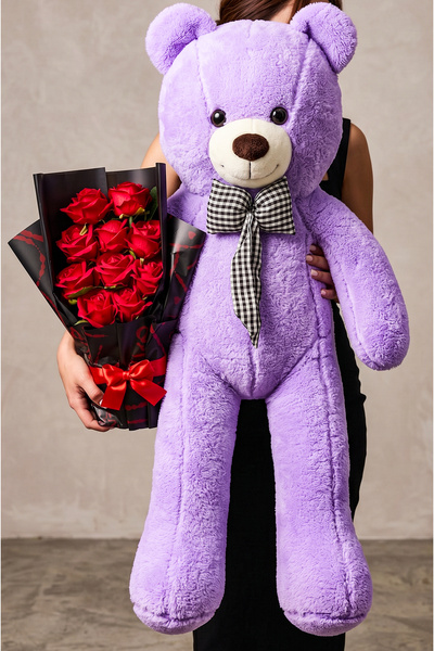 Linalux Gifts 90cm Mor Büyük Peluş Ayıcık Siyah Ambalajlı Kırmızı Gül Buketiy...