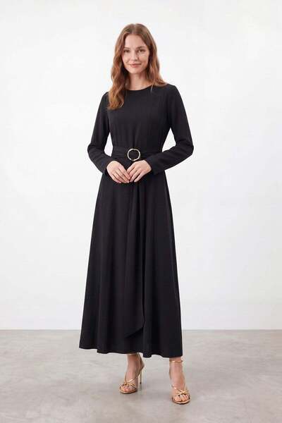 Puane Women's Long Dress with Buckle Belt Detail - 12697Elb - Black