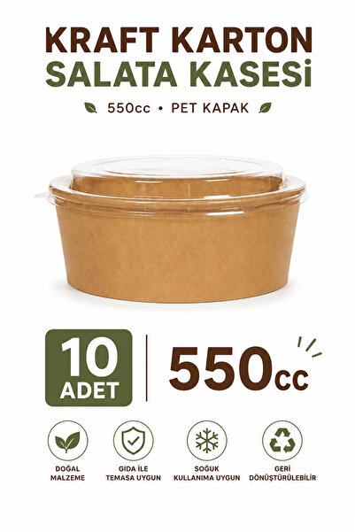 alenked Kraft Karton Salata Kasesi 550cc Pet Kapak 10'lu Set