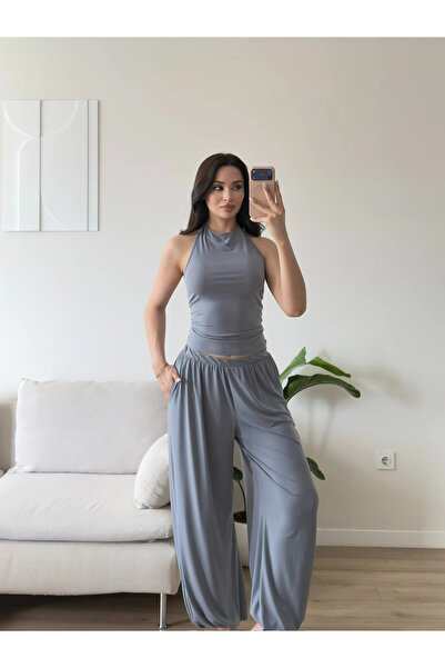 Zoom Butik Halter Crop Balon Pantolon Takım - GRİ