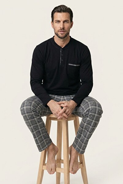 DAT Men's Pajama Set 100% Cotton Long Sleeve Henley Collar Buttoned Top Gray-...