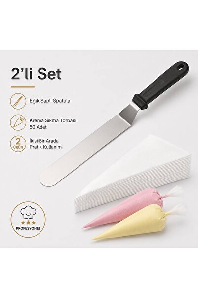 HB LİFE Eğik Saplı Pasta Spatulası + 50 Adet Krema Sıkma Torbası Profesyonel ...