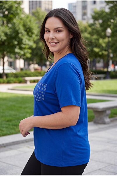 Ebsumu Women's Plus Size Blue Blouse with Collar and Pocket Stones