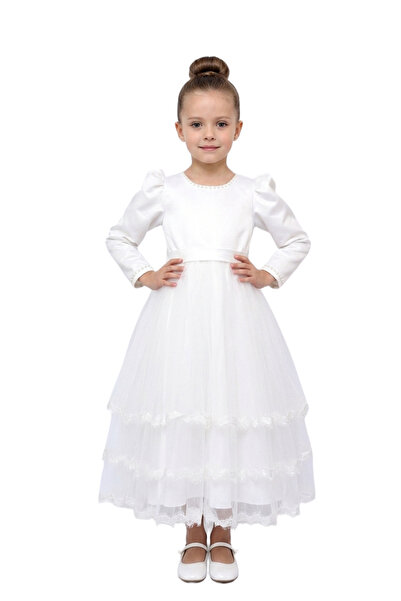 Bidani - Elegant Tiered Tulle Flower Girl Gown - White - 4Y to 13Y