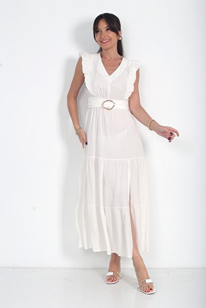 By Saygı Women's V-Neck Ruffled Modal Midi Dress with Gipeli Buckle Detail at...