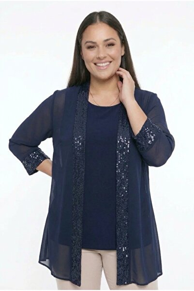 By Saygı Shawl Collar Sequined Detail Chiffon Jacket Inner Sleeveless Blouse ...