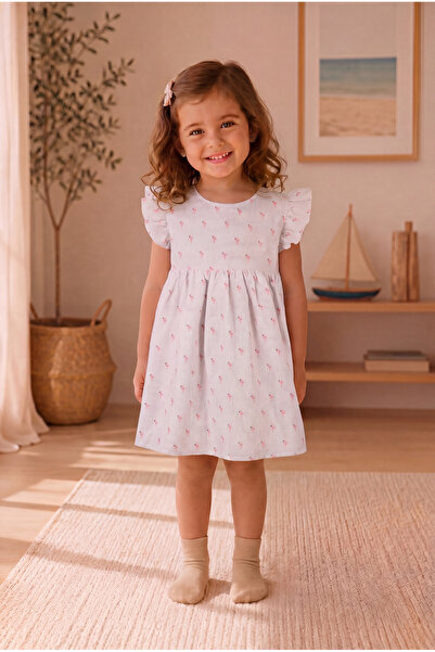 ZUMI BABY KIDS Flamingo Printed Light Gray Sleeveless Girls Summer Cotton Dress