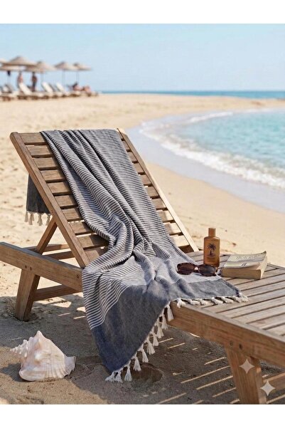 Three Roses Striped Fringed Gray 1 Piece Peshtemal - Pool, Beach, Sports, Sau...