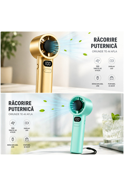 Zenorius Ventilator Portabil Turbo, Display LED, Reîncărcabil USB, 100 Trepte...