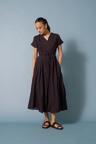 Nisan Pleated and Laced Dress Brown