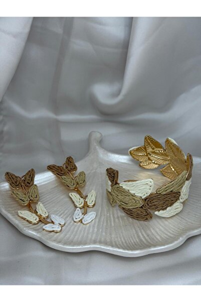 ZS Aksesuar Wicker Leaf Patterned Earrings and Cuff Bracelet Set – Bohemian C...