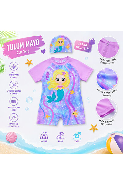 melek Deniz Kızı Baskılı Kız Çocuk Tulum Mayo | UV Korumalı Havuz ve Deniz Ma...