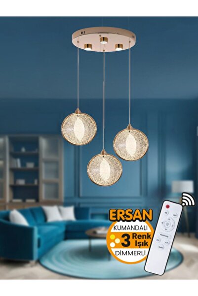 Ersan Avize Boz 3'lü Gold Kumandalı 3 Renk Işık Özellikli Dimmerli Modern Sar...
