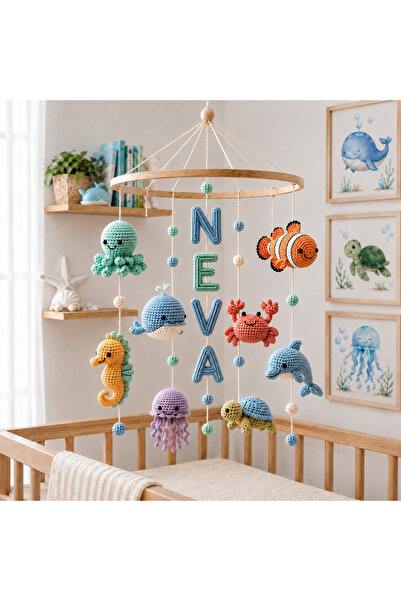 NEVAMATÖLYE Amigurumi Bebek Dönencesi - Deniz Canlıları Temalı Ahşap Beşik Dö...
