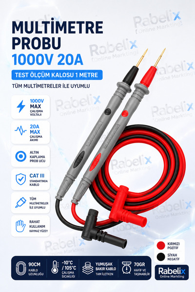 Rabelix Online Marketing Multimetre Probu 1000V 20A Test Ölçüm Kablosu CAT II...