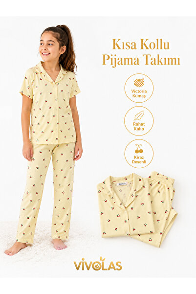 Vivolas Kız Çocuk Kısa Kollu Pijama Takımı 7-11 Yaş Düğmeli Desenli Alt Üst T...