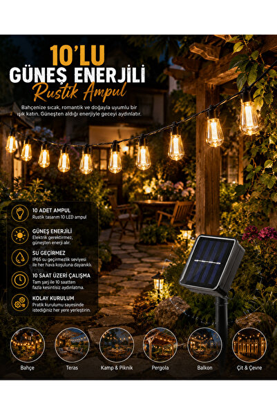 SARFEX Güneş Enerjili 10'lu Nostaljik Ampul Led Aydınlatma Bahçe Balkon Düğün...