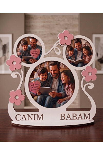 ih ihra Kişiye Özel 3 Fotoğraflı Ahşap Stand - Canım Babam Yazılı Çiçek Detay...