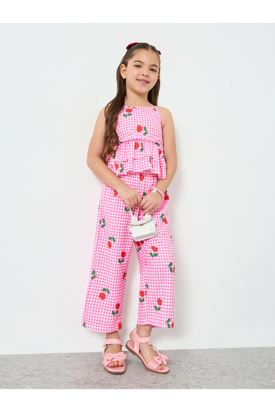 Styli Girls Pink Gingham Rose Print Top and Pants Set