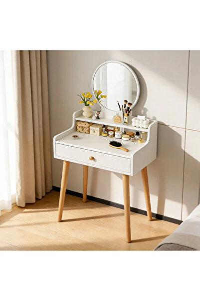 TAPIT Small Makeup Table with Round Mirror, Wooden Legs and Drawer, Bedroom D...