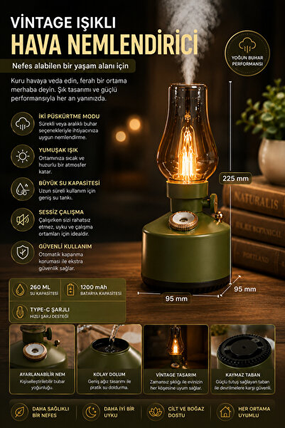 nextbuy Şarjlı Nostaljik Gaz Lambası Aroma Terapi Retro Hava Nemlendirici Dif...