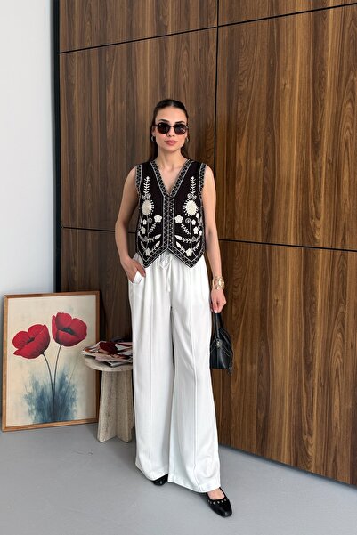 Esma Gündoğdu Ribbed Palazzo Trousers White