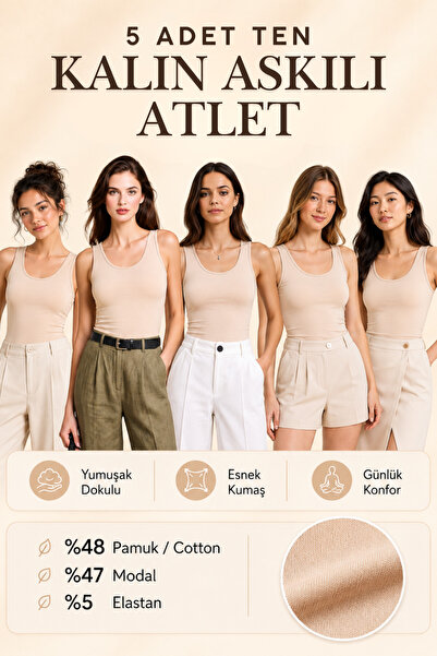 Loule Kadın 5 Adet Pamuklu & Modal Kalın Askılı Esnek Günlük Atlet - 5'li Ava...