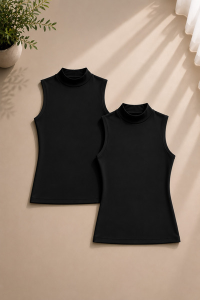 ROZELT Women's Black Cotton Lycra Zero Sleeve Turtleneck Combed Cotton 2-Piec...