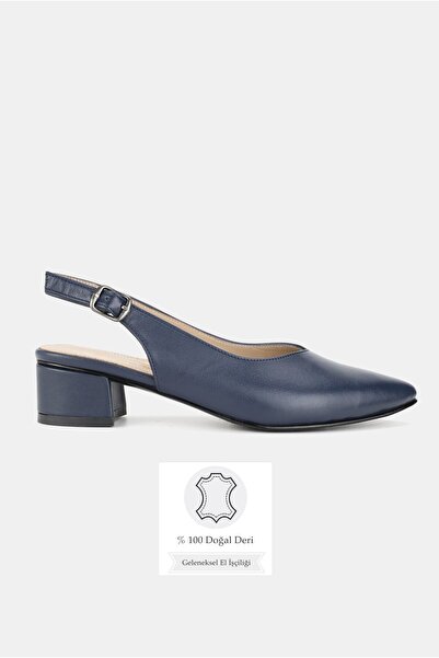 TUNAELLİ Women's Navy Blue Genuine Leather Heeled Shoes, Size 35-41