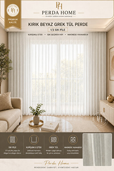 Perda HOME Kırık Beyaz Grek Tül Perde 1/3 Sık Pile Kurşunlu Etek Kornişe Hazır