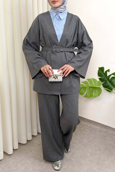 Generic Brand Wide Sleeve Kimono Belted Pants Set 0047 - Gray