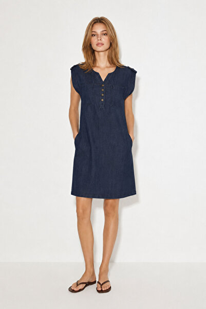 VENA Riva Dark Blue Regular Fit Jean Dress with Buttons on the Front-Dark Blue