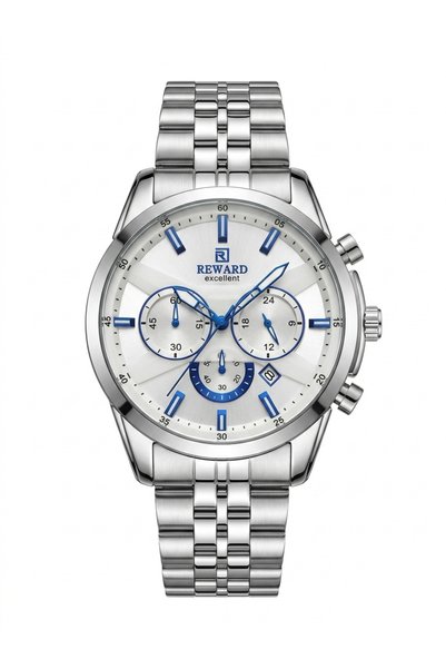 Reward Men's Silver Metal Cord Blue Index White Dial Calendar Wristwatch 2 Ye...