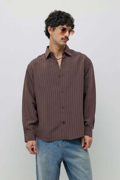 VAMOSCLO Pinstripe Modal Blend Oversize Shirt Dark Brown