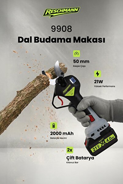 RESCHMANN R-9908 GRİ Profesyonel Şarjlı Dal Budama Makası (21V / 50mm)