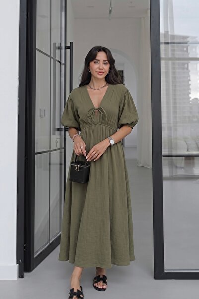 Noi Belis Müslin Maxi Boy V Yaka Kısa Kol Dokuma Elbise SS26EL0018
