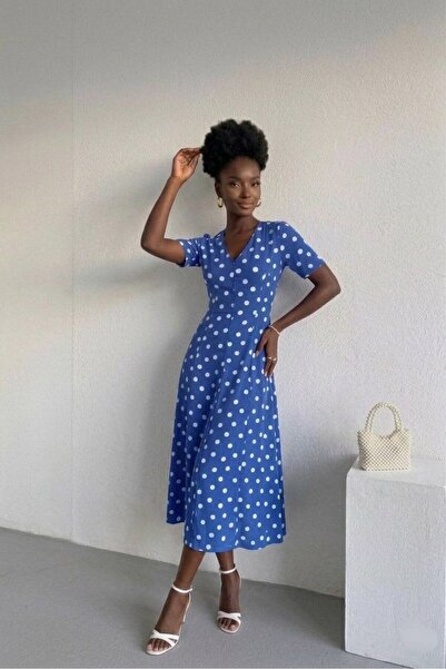 KAŞİHA V-Neck Wrinkled Fabric Polka Dot Dress