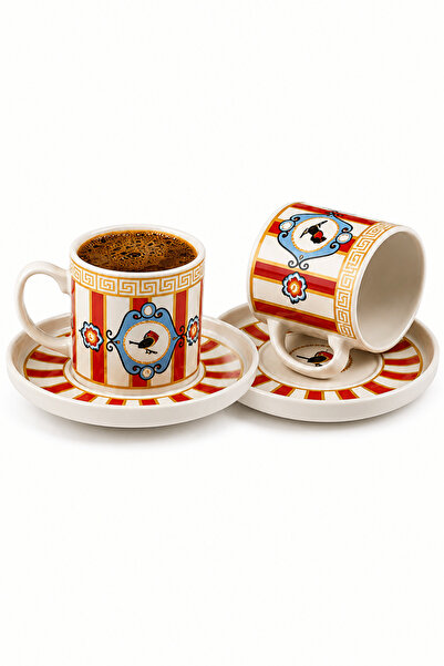Jenisa 2-Piece Bird Motif Porcelain Turkish Coffee Cup Set with Striped Gold ...