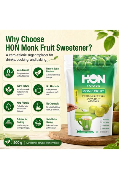 HON FOODS Monk Fruit Sweetener Powder 200g - Zero Calorie Natural Sweetener - 1:1 Sugar Replacement - No Aftertaste - Keto Friendly - 100% Natural - No Artificial Sweeteners - No Chemicals