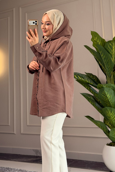 Suede Style 6536- Şık Rahat Fırfır Detaylı Yumuşak Dokuma Kumaş Kadın Kapüşon...