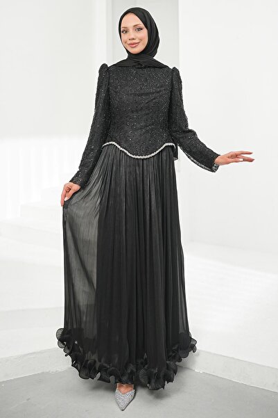 İmajButik Black Sequined Top and Ruffled Skirt Evening Dress