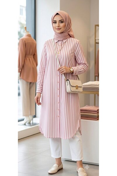 MODA Pembe dikey çizgili midi boy düğmeli tunik gömlek