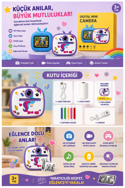 Vothoon Unicorm Tasarımlı Anında Baskılı Çocuk Fotoğraf Makinesi 1080P Dijita...