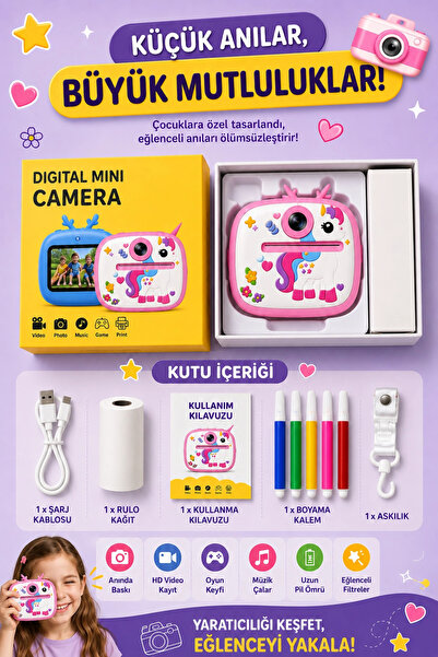 Vothoon Unicorm Tasarımlı Anında Baskılı Çocuk Fotoğraf Makinesi 1080P Dijita...
