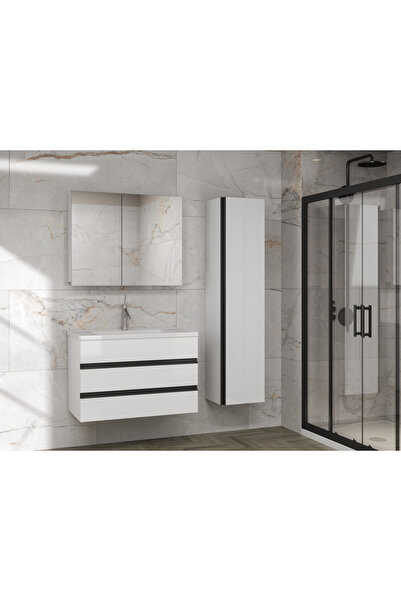 Alfa Banyo Elit MDF 80+35 Cm %100 Mdf Seramik Lavabolu Banyo Dolabı Aynalı Do...