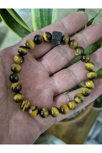 güleçdoğaltaş Güleç Natural Stone Men's Tiger's Eye Bracelet 8 mm Lava Stone Detailed 20 cm Special Size