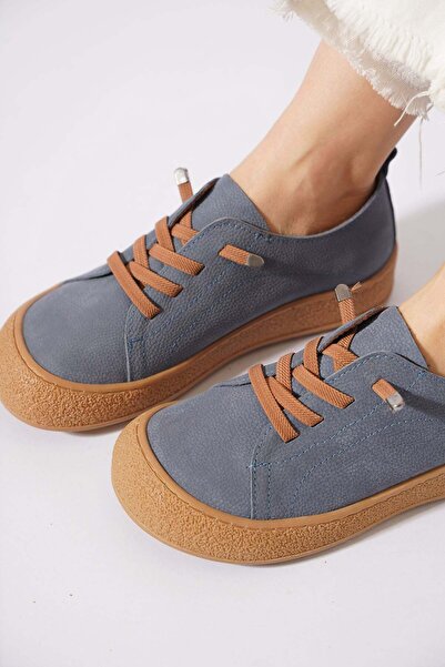 Moda Pie Mertev Lastik Bağlı Burunlu Hakiki Deri Kadın Ayakkabı Mavi Nubuk